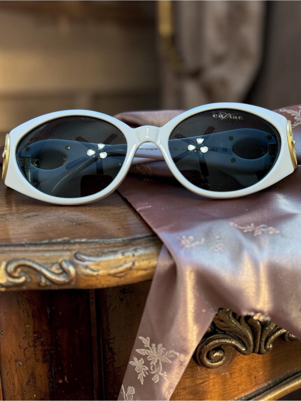 Vintage Deadstock Champagne Series Oval Sunglasses White & Gold Rhinestone Italy